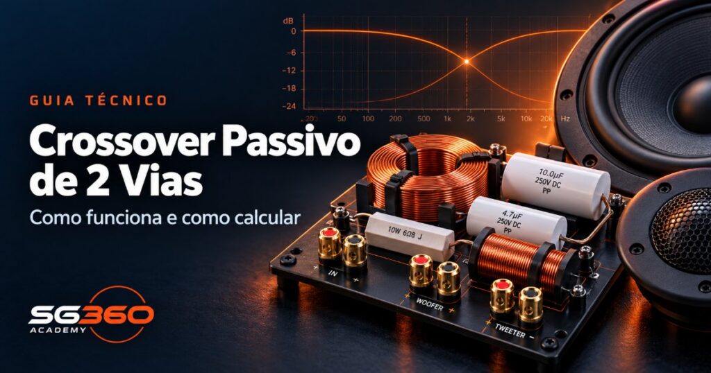 Guia técnico SG360 Academy: crossover passivo de 2 vias com indutores, capacitores e curvas de corte
