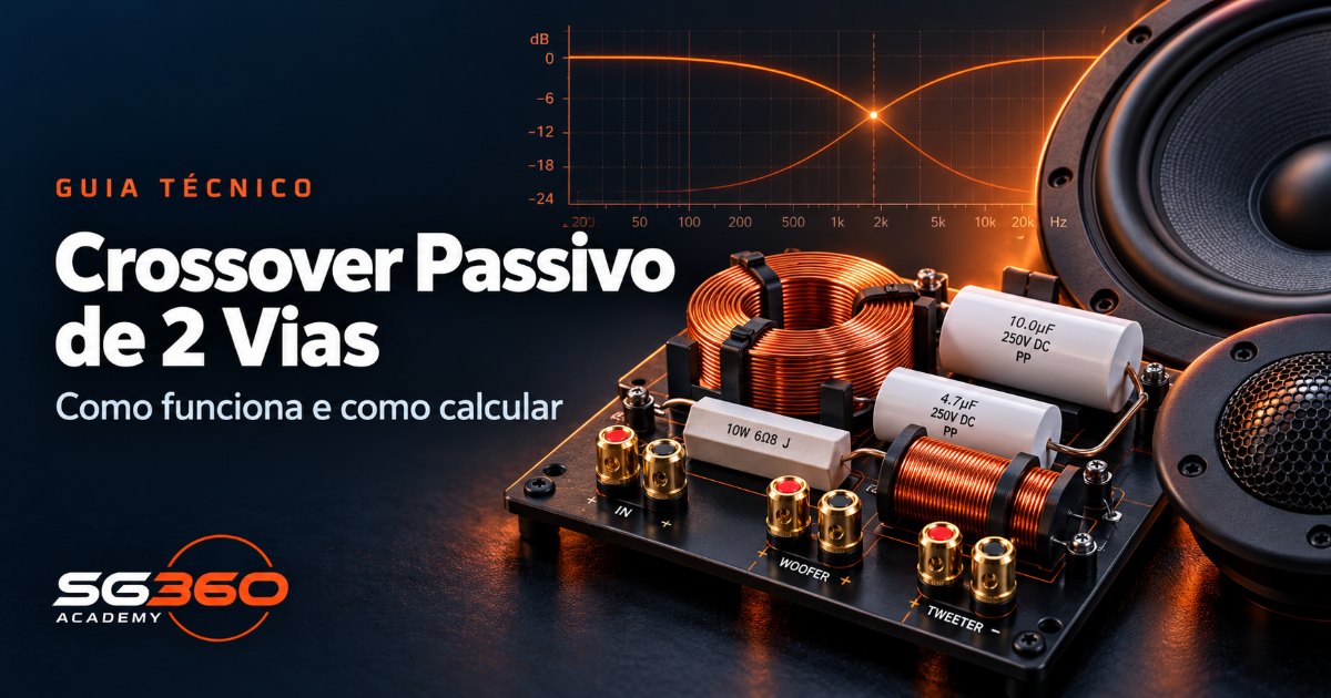 Guia técnico SG360 Academy: crossover passivo de 2 vias com indutores, capacitores e curvas de corte