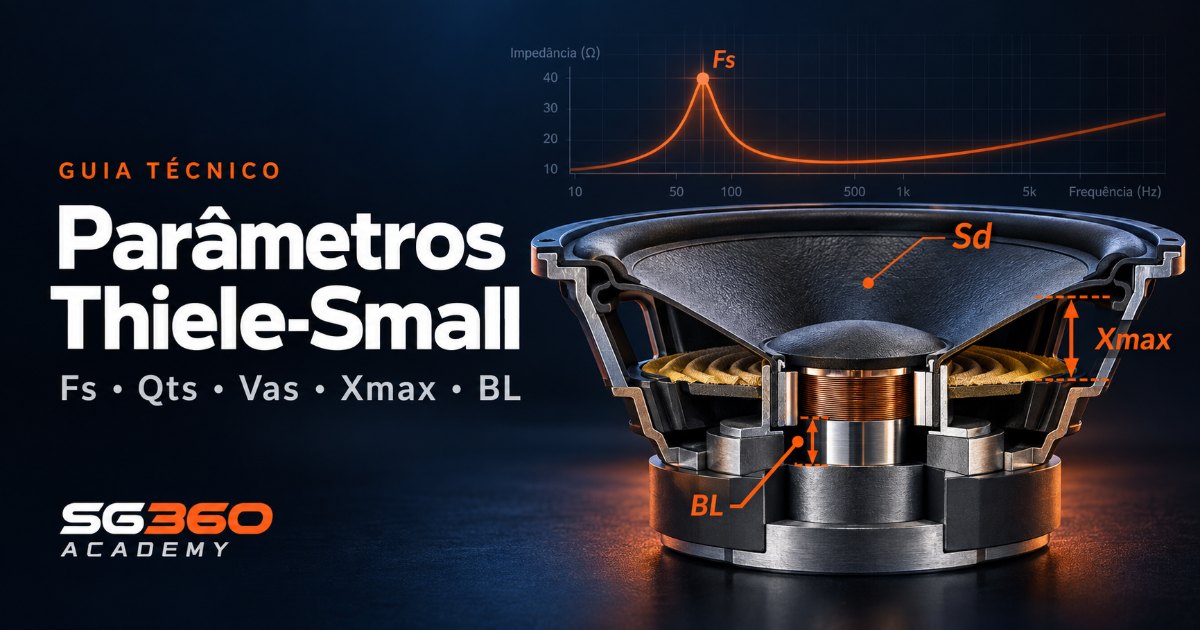Guia técnico SG360 Academy: parâmetros Thiele-Small (Fs, Qts, Vas, Xmax, BL) em um woofer em corte